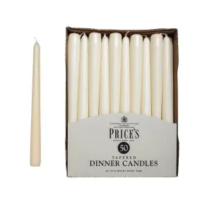 50 Tapered Ivory Household Dinner Wax Candles 7H Burn Time 25cm