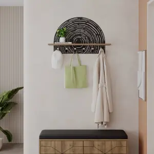 Decortie Modern Pine Wall-Mount Coat Hanger Dark Oak Effect 6 Hooks Metal Laser-cut Design Engineered Wood Shelf Storage Hallway