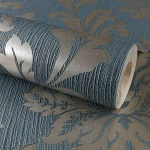 Grandeco Louisa Damask Navy & Silver metallic & glitter Textured Wallpaper