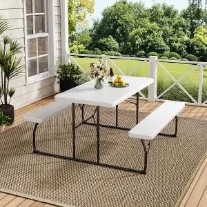 White Foldable Picnic Table Bench Set Portable Camping Trestle Table Chairs 4 Seater