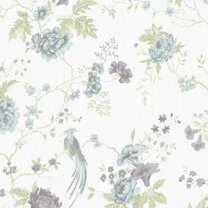 Julien MacDonald Exotica Duck egg & lilac Glitter effect Floral & birds Textured Wallpaper Sample