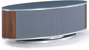 MDA Designs LUNA Grey Oval Cabinet with Walnut Profiles and Grey BeamThru Glass Doors Suitable for Flat Screen TVs up to 50"