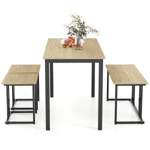 COSTWAY 4-Piece Dining Table Set Industrial Dining Table W/ Bench & 2 Stools