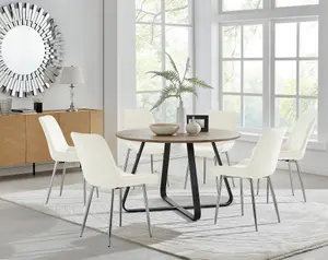 Furniturebox UK Santorini Brown Round Round Dining Table And 6 Cream Pesaro Silver Leg Chairs