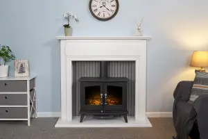 Adam Florence Stove Fireplace in Pure White with Woodhouse Electric Stove in Black, 48 Inch