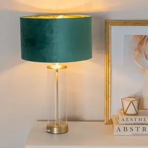 ValueLights Balan Glass with Gold Table Lamp and Forest Green Velvet with Metallic Gold Inner Lamp Shade