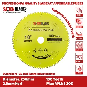 Saxton TCT250100TPRO Professional Range TCT Circular Blade 250mm x 100 Teeth x 30mm Bore, 16, 20, 25mm Reduction Ring