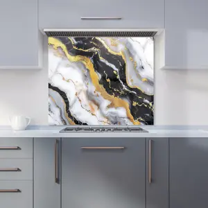 White Backed With Gold Marble Effect Premium Glass Kitchen Splashback W600mm x H750mm