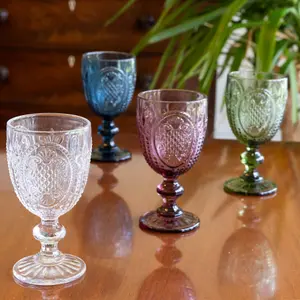 Set of 8 Vintage Luxury Mix Match Pink, Blue, Clear & Green Drinking Wine Glass Wine Goblets 310ml