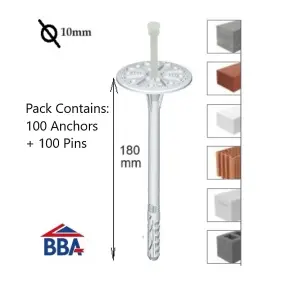 Plastic Insulation Fixings - White (10mm x 180mm - Pack of 100)