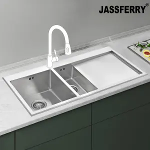 JASSFERRY Handmade Stainless Steel Kitchen Sink 1.5 Tight Radius Bowl 1.2mm Thickness Inset Right Hand Drainer