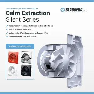 BLAUBERG CALM White Bathroom Extractor Fan. Simple Operation with Light Switch. Dimensions: 158x158x26mm, Spigot: 99mm Diameter