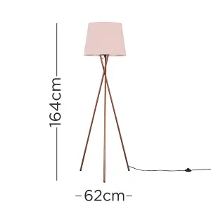 ValueLights Camden Modern Copper Metal Tripod Floor Lamp with Pink Tapered Shade - Includes 6w LED Bulb 3000K Warm White