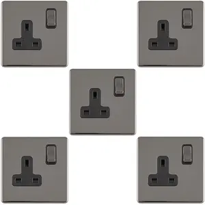 5 PACK 1 Gang DP 13A Switched UK Plug Socket SCREWLESS BLACK NICKEL Wall Power