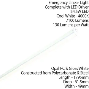 6ft SINGLE LED Ceiling Batten Strip Light 3HR EMERGENCY 54W Cool White 7100Lm