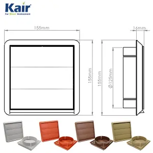 Kair Terracotta Gravity Grille 155mm External Dimension Ducting Air Vent with 125mm - 5 inch Round Rear Spigot and Shutters