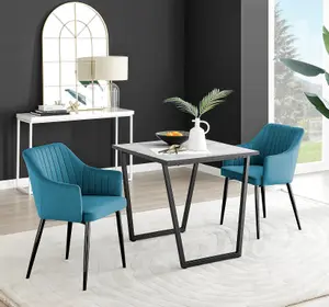 Furniturebox UK Carson White Marble Effect Square Dining Table & 2 Blue Calla Black Leg Chairs