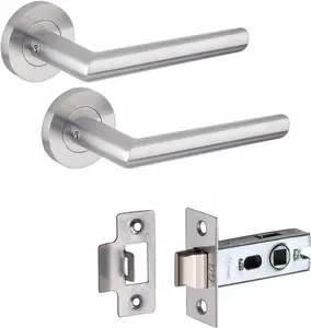 1 Pair of Mitred Design Door Handle On Round Rose Latch Door Handles 2.5" Latch Satin Nickel Finish  - Golden Grace