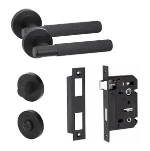 Knurled T-Bar Bathroom Door Handle Set Thumbturn and Mortise Lock Matt Black