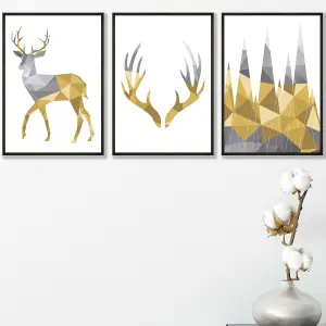 Set of 3 Geometric Yellow Grey Stags Set Wall Art Prints / 30x42cm (A3) / Black Frame