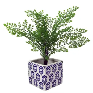 12cm Ceramic Cube Planter with Decorative Print Blue Tulip