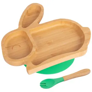 Bamboo Rabbit Baby Weaning Plate & Fork Set - Green