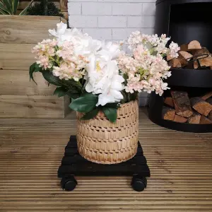 Pack of 2 28cm Black Square Wooden Garden Plant Pot Flower Trolley Stand On Wheels