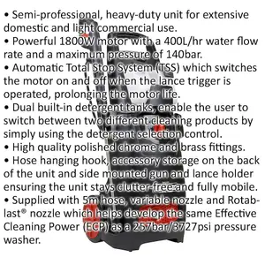 Premium Pressure Washer with Total Stop System & Rotary Jet Nozzle - 10m Hose