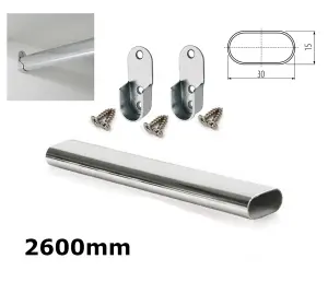 Wardrobe Rail Oval Chrome Hanging Rail Free End Supports & Screws - Length 2600mm