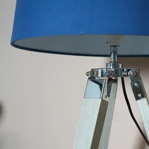 ValueLights Clipper Modern Distressed Wood and Silver Chrome Tripod Table Lamp with Navy Blue Light Shade