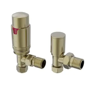 Right Radiators Brushed Brass Angled Thermostatic TRV & Manual Radiator Valves 15mm x 1/2" One Pair