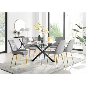 Lenworth Glass Rectangular Dining Table Set with 6 Luxury Velvet Chairs Black / Grey/Gold