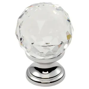 2x Faceted Crystal Cupboard Door Knob 35mm Dia Polished Chrome Cabinet Handle