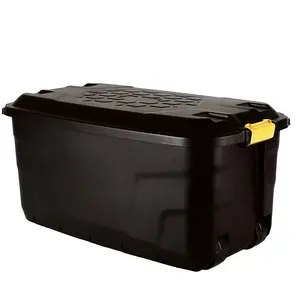 75L Heavy Duty Trunk on Wheels Sturdy, Lockable, Stackable and Nestable Design Storage Chest with Clips in Black