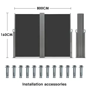 Outdoor Grey Retractable Garden Double Sided Awning  Waterproof Sunshade Privacy Panel Gazebo Sidewall Panels Sunwall 800 x 160 cm