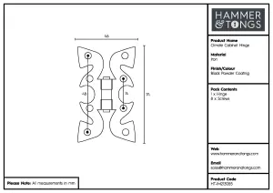 Hammer & Tongs - Ornate Cabinet Hinge - H75mm - Black