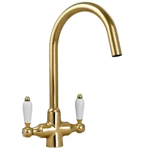 Astini Colonial English Gold & White Ceramic Handle Twin Lever Kitchen Mixer Tap