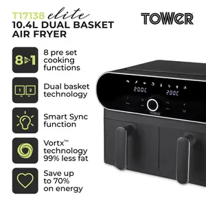 Tower Vortx Elite 10.4L Duo Basket Air Fryer with Sync Finish, 1700W