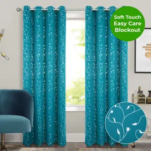 Home Curtains Victoria Metallic 108w x 90d" (274x229cm) Teal Eyelet Curtains (PAIR)