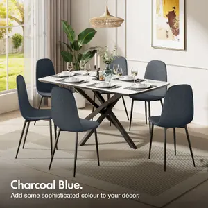 VonHaus Dining Chairs Set of 6, Charcoal Blue Kitchen Chairs with Black Metal Legs, Cord Effect Chairs for Dining