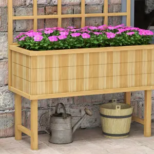 Outsunny Wood Raised Planter w/ Trellis Drain Holes Elevated Garden Bed Natural