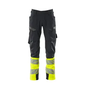 Mascot Accelerate Safe Ultimate Stretch Trousers with Thigh Pockets - Dark Navy/Hi-Vis Yellow  (40.5) (Leg Length - Short)