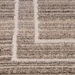 Neutral Beige Distressed Striped Geo Border Soft Living Area Rug 120x170cm