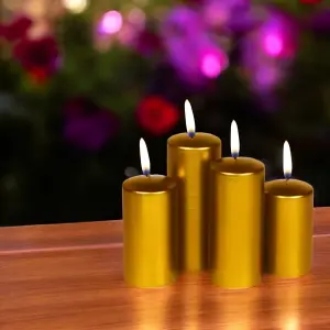 URBNLIVING Mix Set of 4 variable Sizes Decorative Christmas Gold Pillar Wax Candles for Wedding Church Party & Home Decor