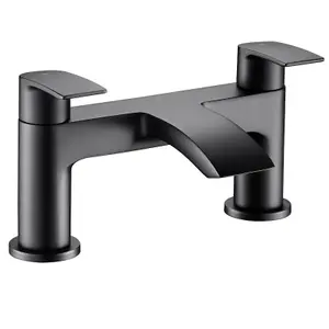 Matt Black Curve Waterfall Deck Mounted Bath Tap Dual Lever Bathroom Filler Taps