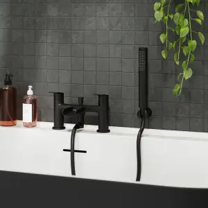 GoodHome Ajeeta Matt Black Deck-mounted Bath mixer tap with shower kit