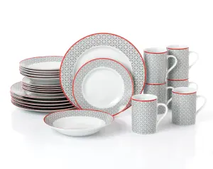 24pc Graphite Grey with Red Trimmed Dinner Set