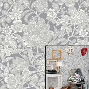 Crown Wallcoverings Wild Hedgerow Floral Trails Grey Washable Wallpaper M1188