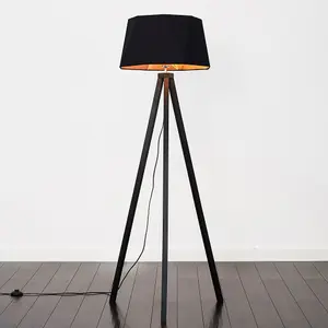 ValueLights Barbro Black Wood Tripod Design Floor Lamp with Black/Copper Geometric Shade - Complete with 6w LED GLS Bulb