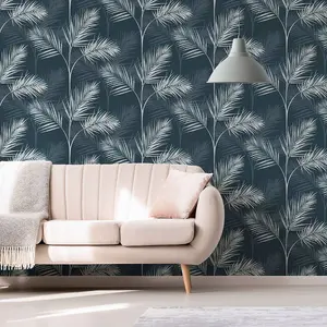 South Beach Palm Leaf Wallpaper Navy Blue Fine Decor FD42681